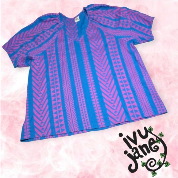 Ivy Jane Women's Chevron Aztec Print Lantern Sleeve Top Blue & Pink L - Picture 1 of 7